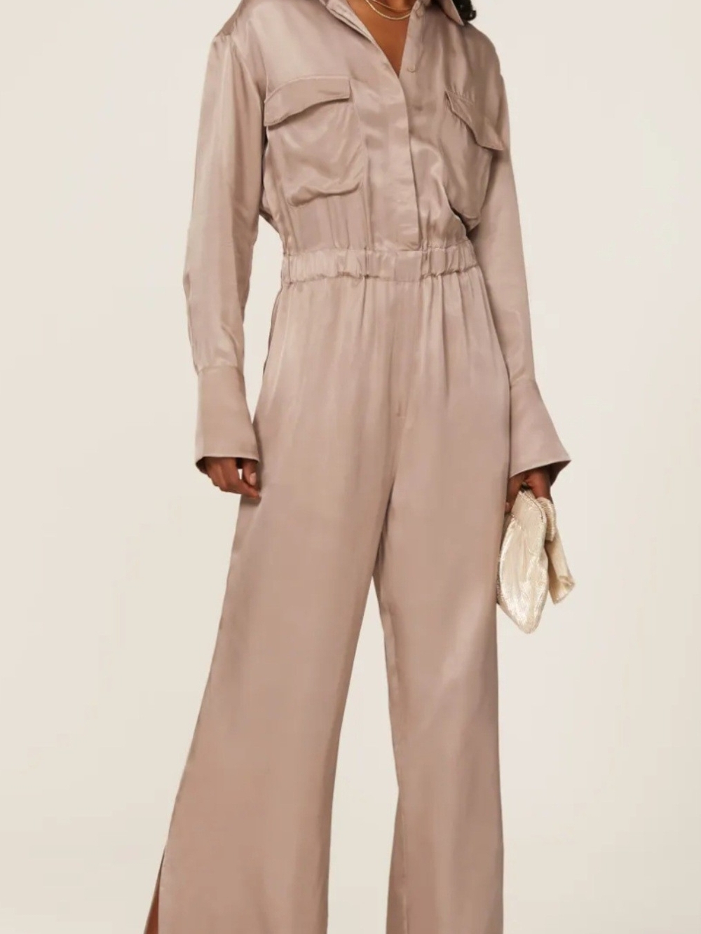 NWT NICHOLAS Emma Long Sleeve Double Pocket Utility Jumpsuit Taupe Rose 16R